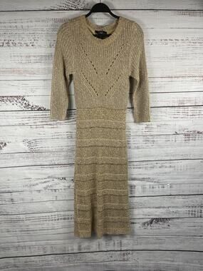 Midnight Velvet Dress Women's Medium Gold Metallic Knit Sweater 3/4 Sleeve Lined